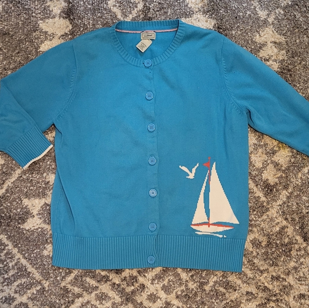 L.L. Bean Turquoise Knit Cardigan with Sailboat